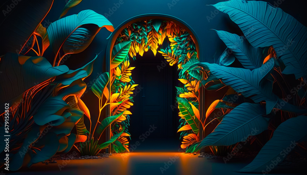 Poster an image of an open door in dark room with plants and leaves. generative ai.