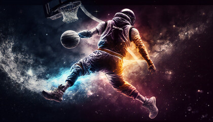 Astronaut in the outer space plays Basketball - Abstract Spaceman wallpaper - Generative AI