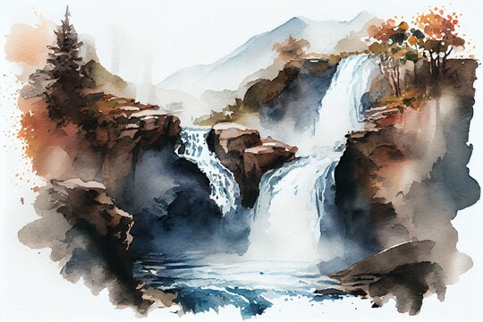 Waterfalls, watercolour style generative AI
