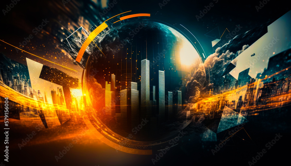 Poster an abstract image of futuristic city with glowing lights. generative ai.