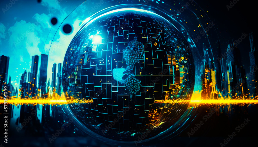 Poster an abstract image of globe with city lights in the background. generative ai.