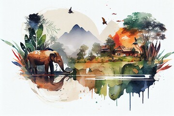 Ecotourism, watercolour style generative AI