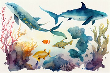 Marine life, watercolour style generative AI