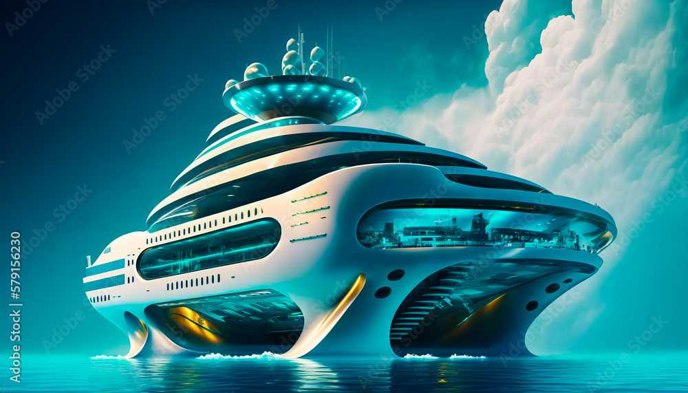 Poster an artist's rendering of futuristic ship in the ocean. generative ai.