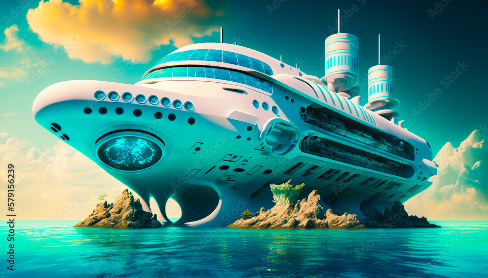 Poster an artist's rendering of futuristic ship floating in the ocean. generative ai.
