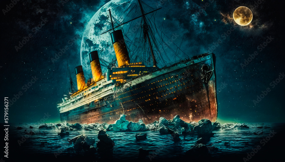 Poster the titanic sinking in the ocean with full moon in the background. generative ai.