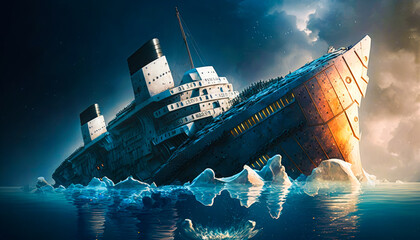 An image of the titanic sinking in the ocean. Generative AI.