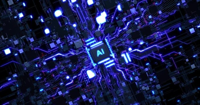 Artificial Intelligence Circuit Board. Transmitting Glowing High Speed Data. Computer And Technology Related 4K 3D CG Animation.