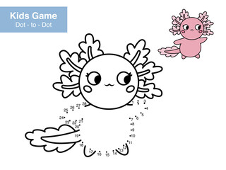Educational number game. Dot to dot. Cute axolotl. Cartoon sea animals. Printable activity page with puzzle. Connect the dots and color. Vector illustration.
