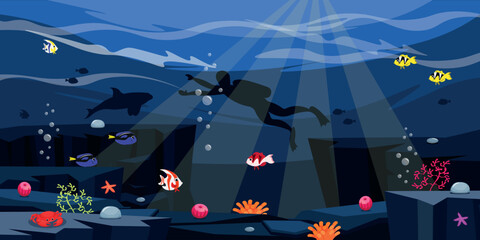 Vector illustration of a beautiful underwater world. Cartoon seabed with a silhouette of a scuba diver with fish, starfish, crab, algae, coral reefs. A diver dives to the seabed.