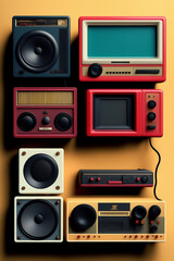 Retro Electronics Set Nostalgic Collectibles from 80s-90s Isolated on Colorful Background - AI Generated Illustration