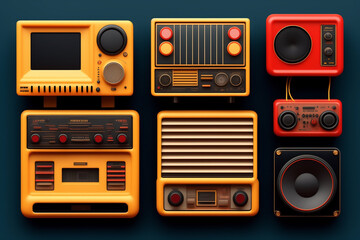 Fototapeta premium Retro Electronics Set Nostalgic Collectibles from 80s-90s Isolated on Colorful Background - AI Generated Illustration