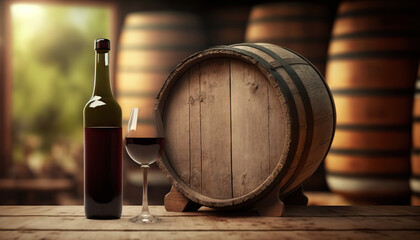 Red wine bottle, glass and barrel in wine cellar. Copy space. Based on Generative AI
