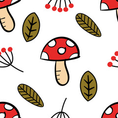 seamless pattern with mushrooms. colorful and bright autumn pattern with mushrooms and leaves. seamless background. wallpaper. viburnum. red berries. nature. seasonal forest. season