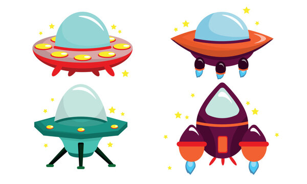 Set of cute and beautiful spaceships and rockets in cartoon style. Vector illustration of colored flying saucers, rockets and stars isolated on white background. Space object.