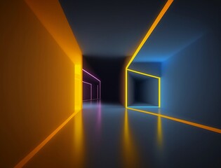 Background of an empty room, corridor. Spotlight, colorful neon light, reflection on tiles. Laser lines, shapes, smog