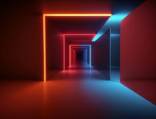 Background of an empty room, corridor. Spotlight, colorful neon light, reflection on tiles. Laser lines, shapes, smog