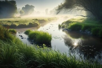 River in the early morning in fog and haze. AI