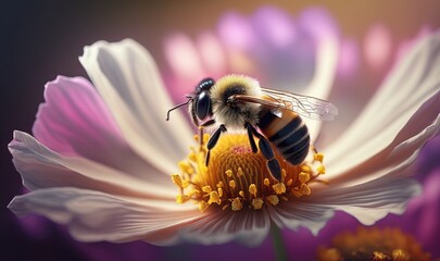  a bee sitting on top of a white and purple flower.  generative ai