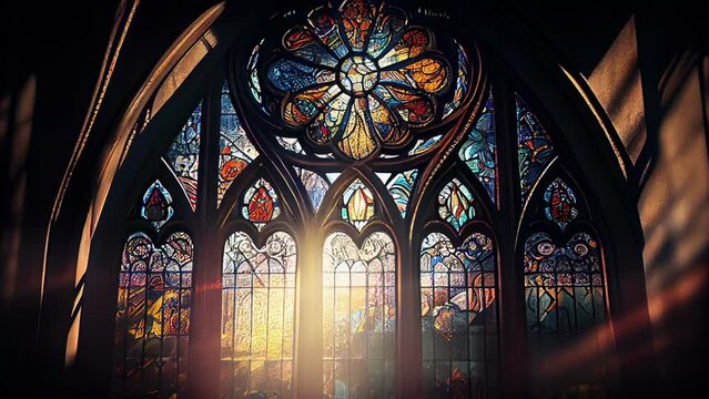 The stained glass on the wall of the church with the reflection of the sun getting in
