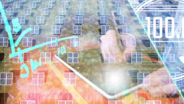 hand draw graph on tablet with hand and pen with futuristic hud interface solar panel field farm in background data analysing for company modern look