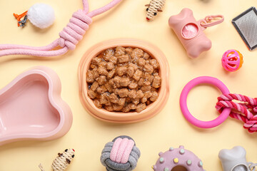Set of pet care accessories and wet food on color background
