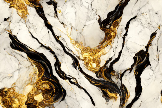 White marble with black onix and gold-accented pattern, seamless background, luxury wallpaper, generative ai