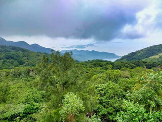 Fototapeta na wymiar Lantau Island. Mountain Hills and Green trees on the slopes. Sea and islands in the background. Hong Kong. China. Asia