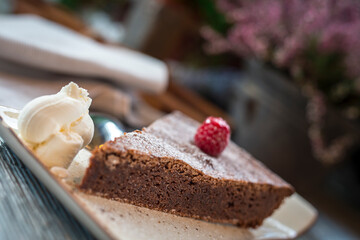 chocolate cake with vanilla ice cream
