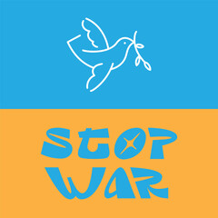 Poster in the colors of the Ukrainian flag. Yellow and blue rectangle. Line art dove in the sky. A symbol of peace. Antiwar slogan Stop War. Vector illustration in support of Ukraine. Protest