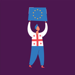 Vector flat illustration. Man with blue hair in jacket with design of flag of Georgia holds poster. european union. yellow stars are built in circle. Protest against the law. Red Cross. Banner. Peace