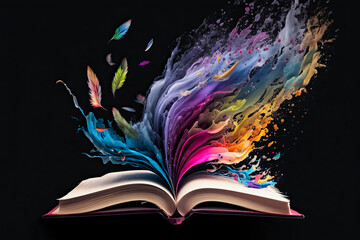 Open book with colors flying out of it, Open Book, Colors, Flying, Art, Illustration, generative ai, Creativity, Imagination, Inspiration, Education, Learning, Literature, Reading, Storytelling, 