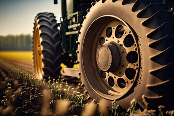 Big tractor close-up. Agricultural machinery in the field. Spring, field preparation. Generative AI