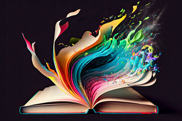 Open book with colors flying out of it, Open Book, Colors, Flying, Art, Illustration, generative ai, Creativity, Imagination, Inspiration, Education, Learning, Literature, Reading, Storytelling, 