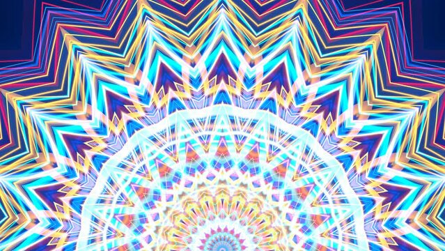 Colorful rays, beams, lines radiating from bottom centre of semicircle, spreading, revolving, forming round patterns, laces waves. Half of abstract mandala metamorphoses on dark blue. 4K UHD 4096x2304