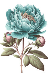 isolated turquoise, pink, peony flower, botanical drawing, spring, decorative floral illustration, transparent background, png, horizontal, vertical, springtime, floral, generative ai