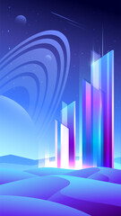 Vector vertical banner of night futuristic city with skyscrapers.