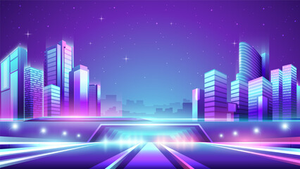 Fototapeta na wymiar Vector neon colorful gradient illustration of road tunnel on the beautiful night city background.