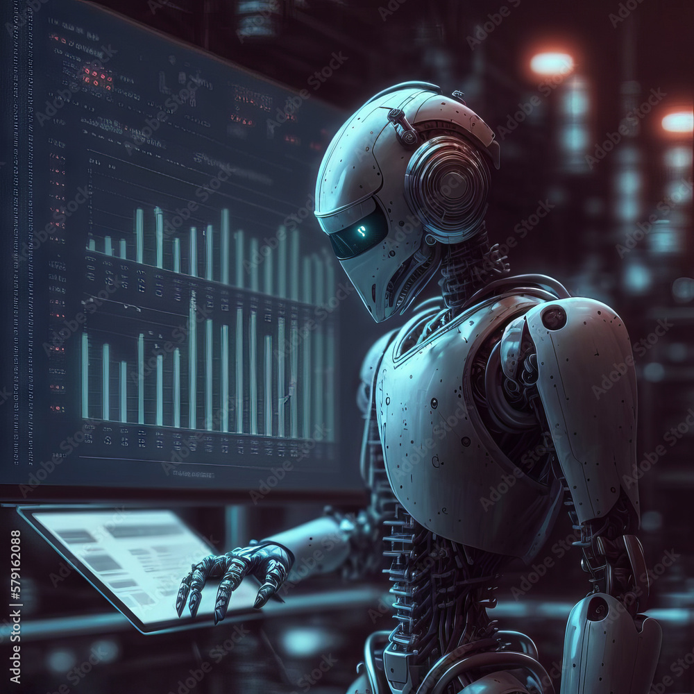 Poster generative ai humanoid robot working on laptop computer with stock market chart