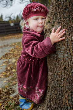 A little girl hugs a big tree