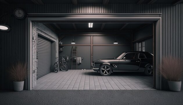 Generative AI of a garage with a black car in the door