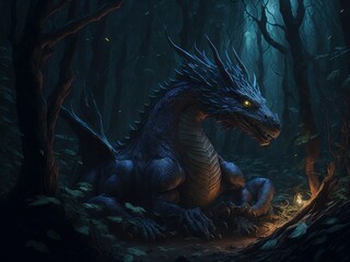 Beautiful dragon in the night forest, selective focus. AI generated, human enhanced