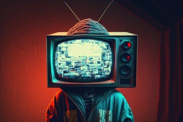 TV instead of a head. Propaganda concept. AI generated, human enhanced - obrazy, fototapety, plakaty