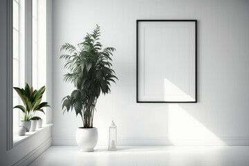 Mockup poster frame on the wall of living room. Modern interior design. Background with selective focus. AI generated