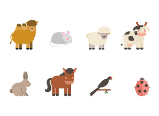 farmFlat farm animals set  with  Bactrian Camel, Horse, Swallow, Ladybug, Hare, Rabbit, Sheep, Cow, Rat, Mouse.Perfect for designs related to farming, agriculture, and rural life. animals set