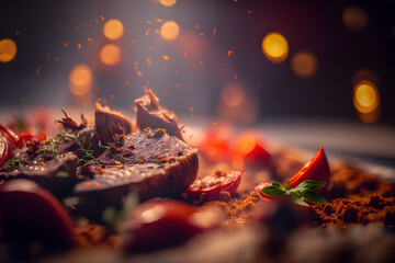 Grilled beef steak with vegetables and spices. Flames and smoke on dark background. Baked meat. Delicious dish. Meat with spices and sauce. Generative AI technology.