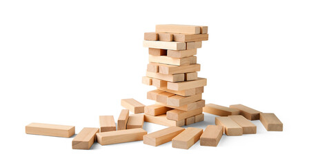 Jenga tower of wooden blocks isolated with shadow, place for text. The concept of destruction, instability.