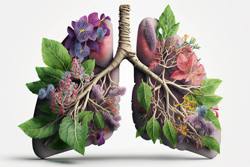 human lungs covered with beautiful flowers, breathing, clear airways