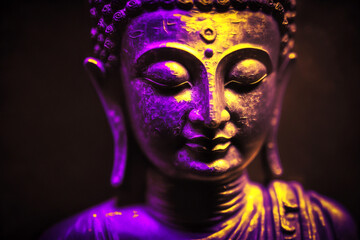 buddha face in violet light Generative ai