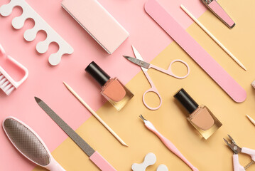 Composition with cosmetics and accessories for manicure or pedicure. Manicure and pedicure concept - obrazy, fototapety, plakaty